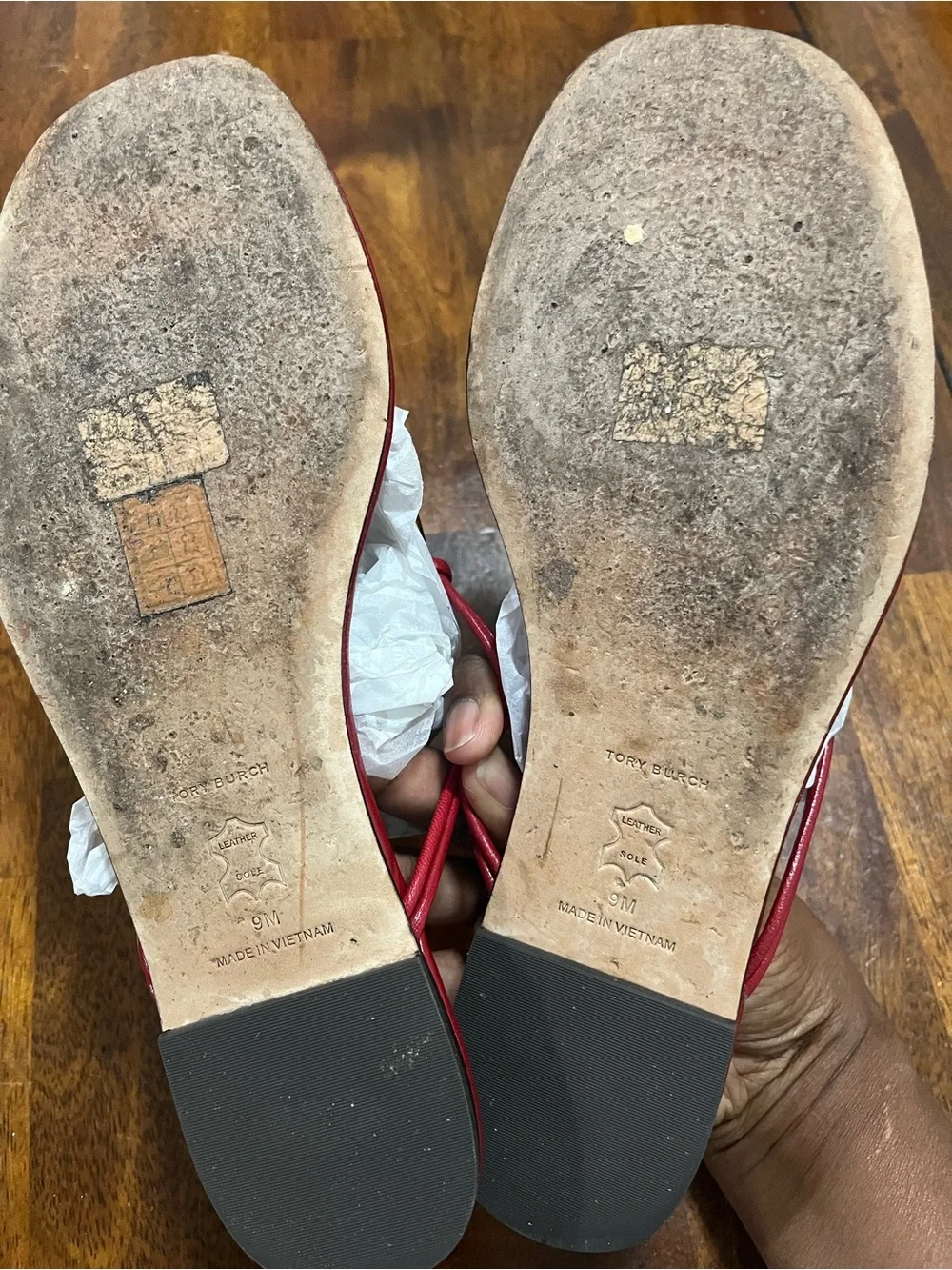 Tory Burch Red Leather Slide Sandals with Hammered Gold Disc 9